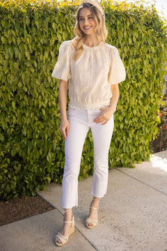 Striped Floral Embroidered Bubble Sleeve Top - Lush Lemon - Women&