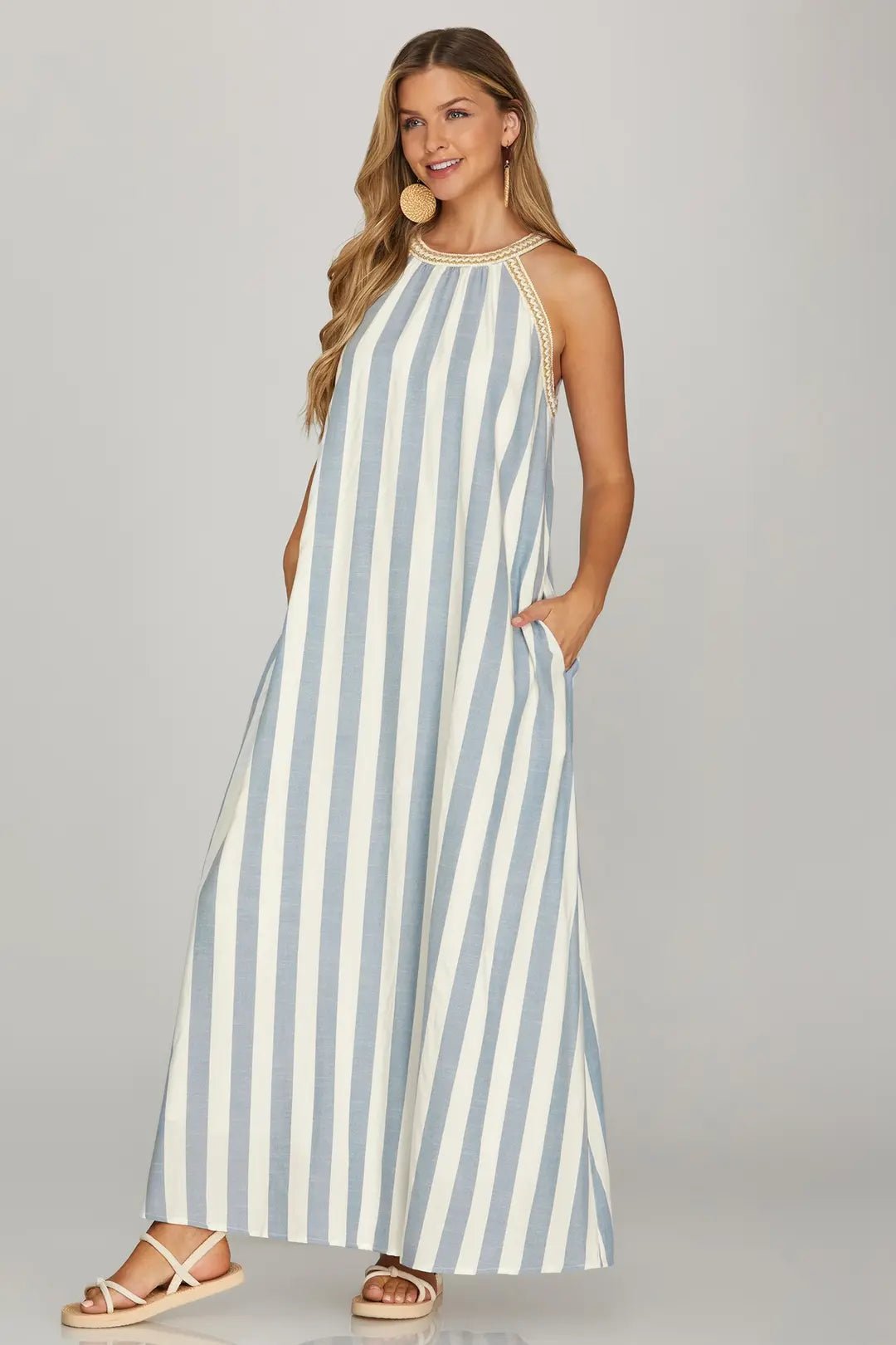Striped Halter Neck A - Line Maxi Dress - Lush Lemon - Women's Clothing - She + Sky - 84919971093469
