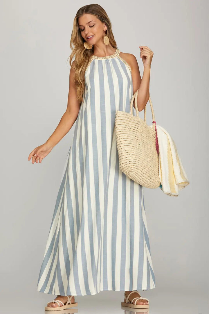 Striped Halter Neck A - Line Maxi Dress - Lush Lemon - Women's Clothing - She + Sky - 84919971093469
