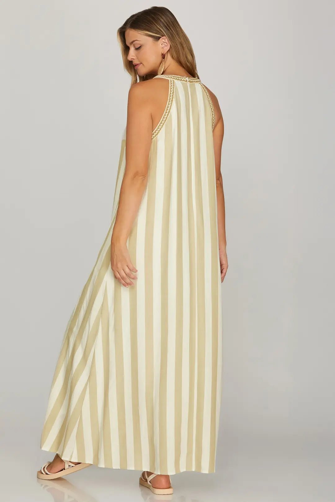 Striped Halter Neck A - Line Maxi Dress - Lush Lemon - Women's Clothing - She + Sky - 84919971391773