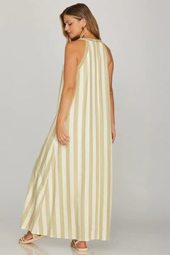 Striped Halter Neck A - Line Maxi Dress - Lush Lemon - Women&