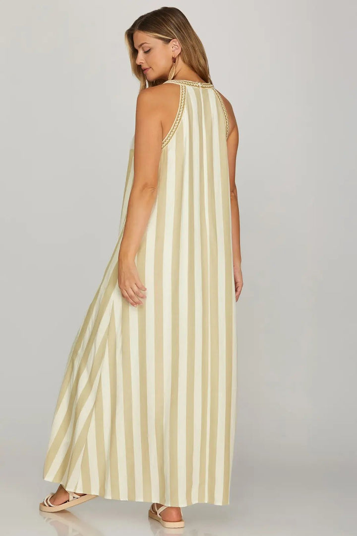 Striped Halter Neck A - Line Maxi Dress - Lush Lemon - Women's Clothing - She + Sky - 84919971391773