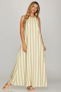 Striped Halter Neck A - Line Maxi Dress - Lush Lemon - Women&