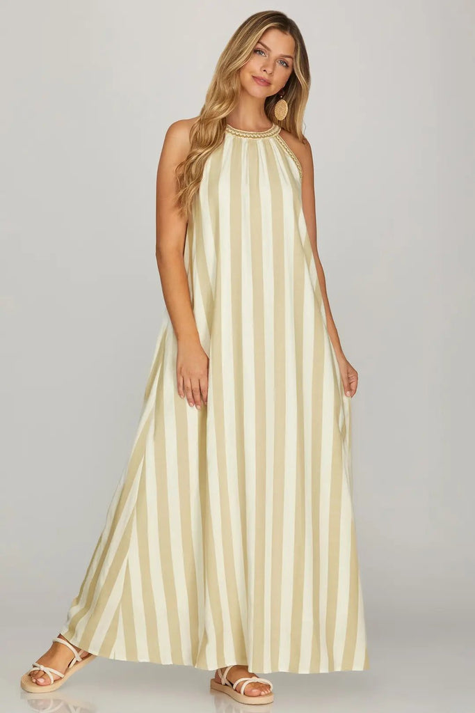Striped Halter Neck A-Line Maxi Dress - She + Sky