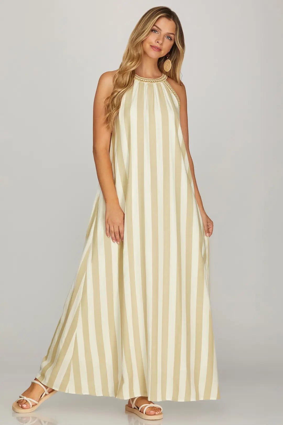Striped Halter Neck A-Line Maxi Dress - She + Sky - Lush Lemon Striped Halter Neck A-Line Maxi Dress - She + Sky - Lush Lemon
