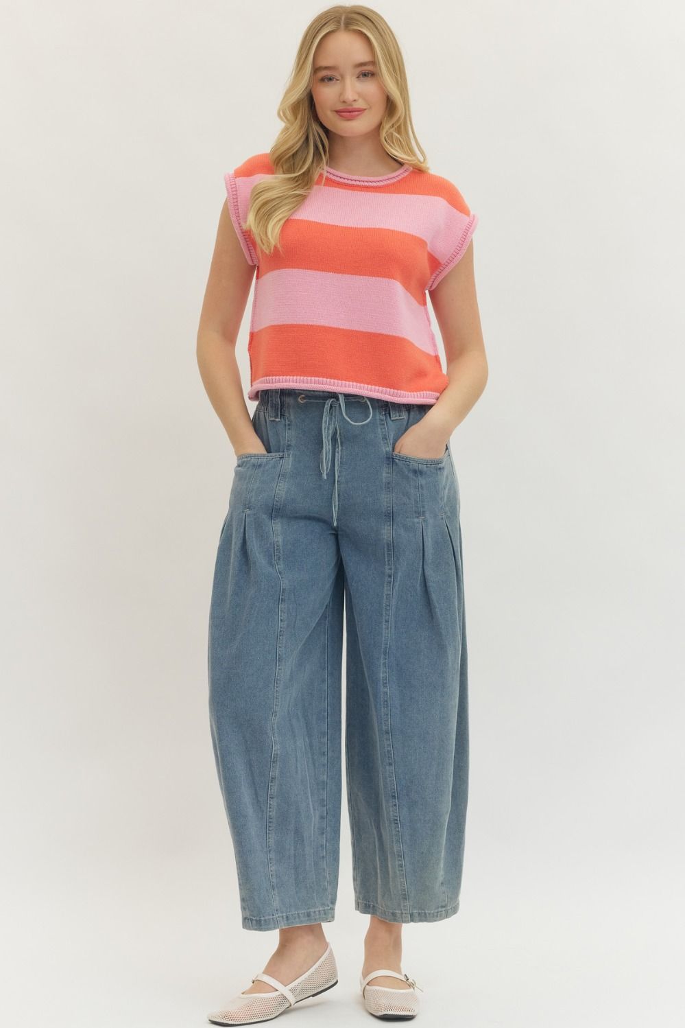 Striped Knit Cap Sleeve Top W/ Contrast Trim - Lush Lemon - Women's Clothing - Entro - 14472921009661