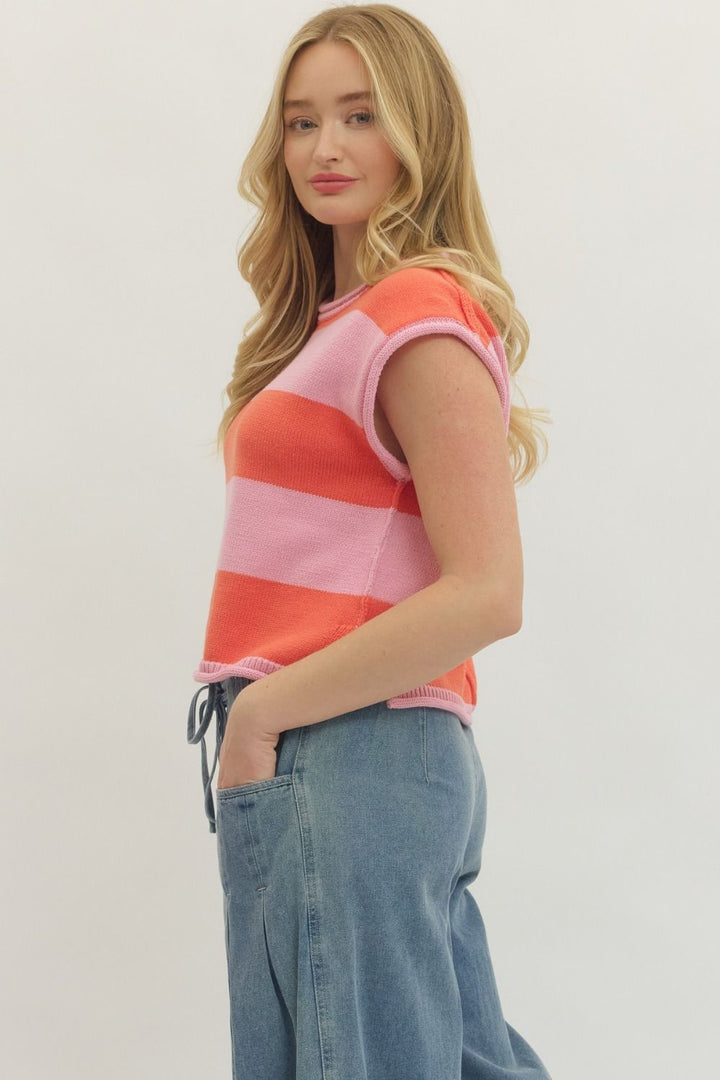 Striped Knit Cap Sleeve Top W/ Contrast Trim - Lush Lemon - Women's Clothing - Entro - 14472921009661