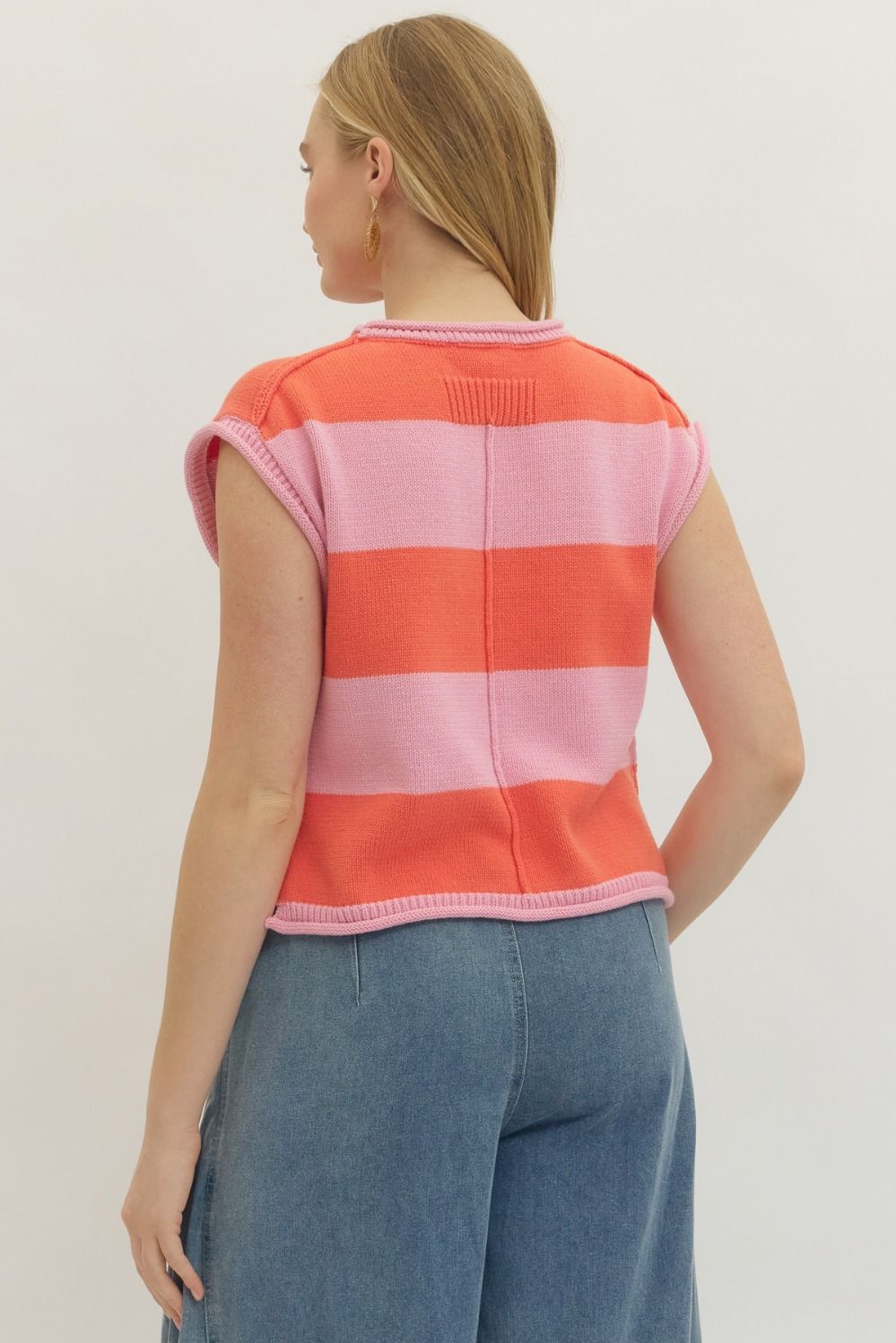 Striped Knit Cap Sleeve Top W/ Contrast Trim - Lush Lemon - Women's Clothing - Entro - 14472921009661