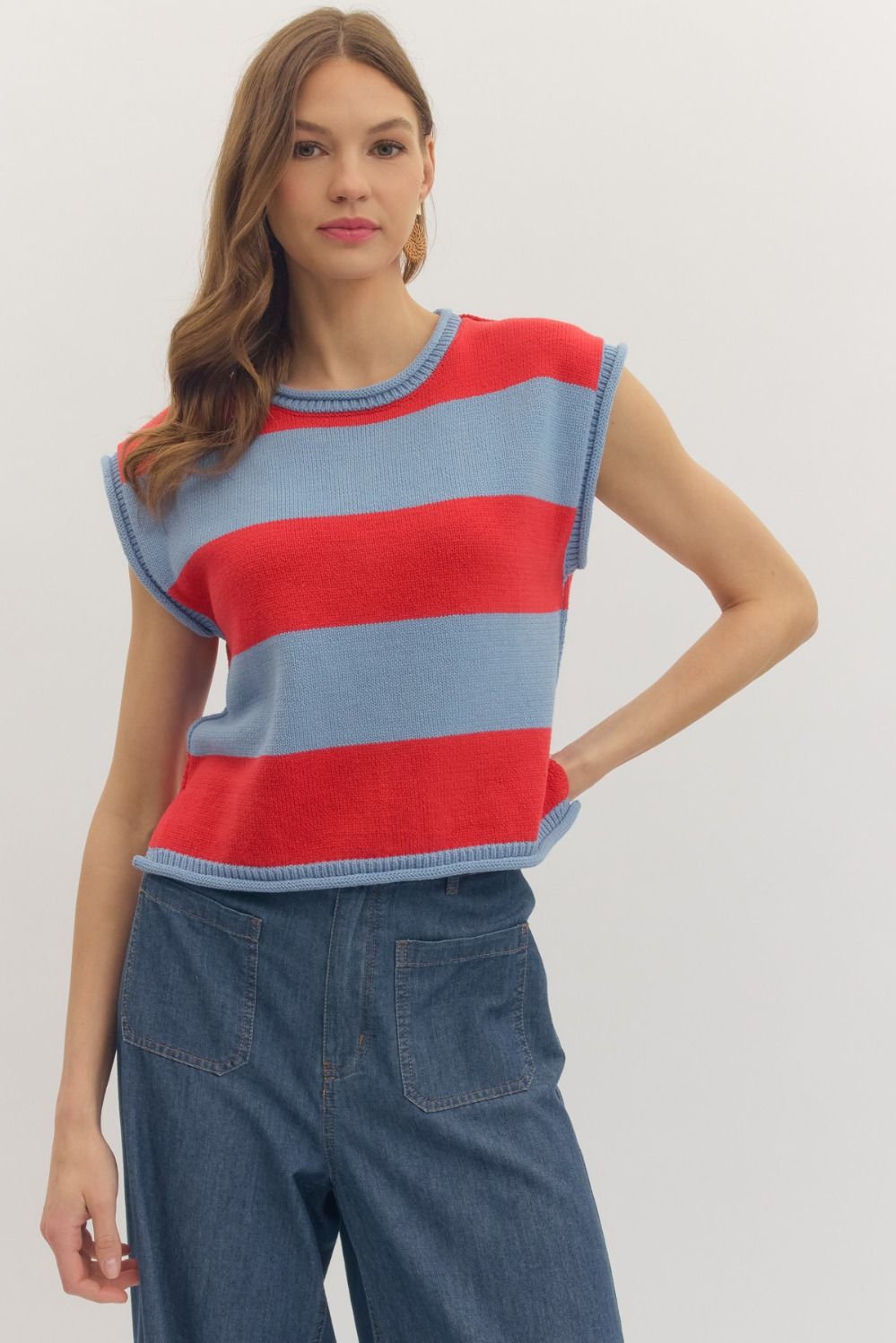 Striped Knit Cap Sleeve Top W/ Contrast Trim - Lush Lemon - Women's Clothing - Entro - 34414381311261
