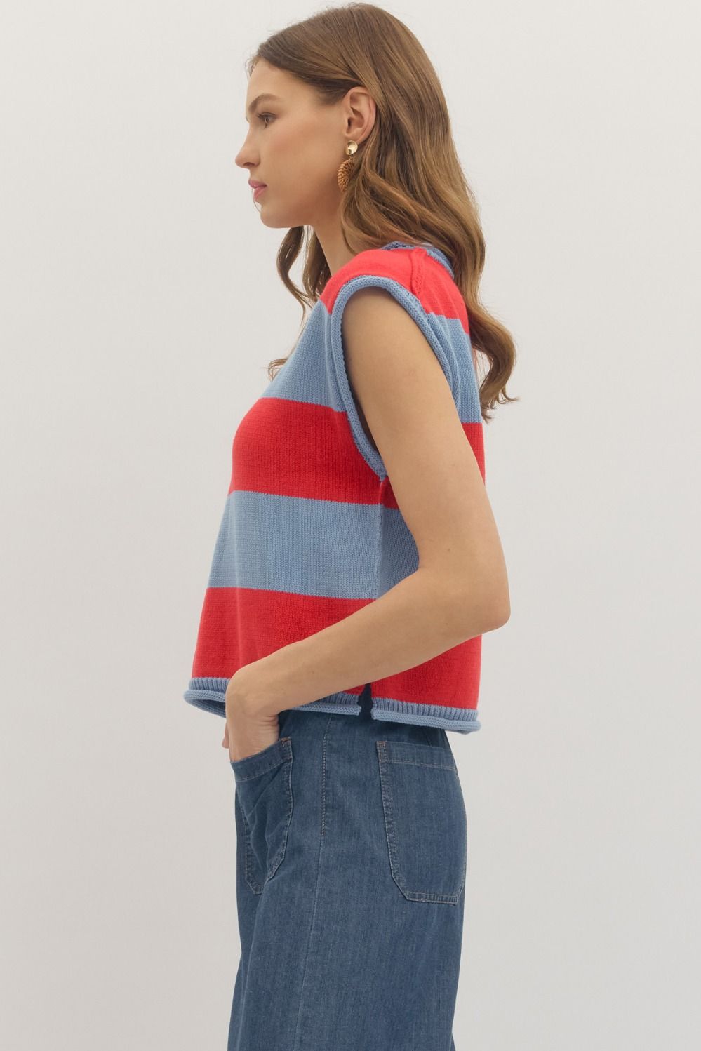 Striped Knit Cap Sleeve Top W/ Contrast Trim - Lush Lemon - Women's Clothing - Entro - 34414381311261