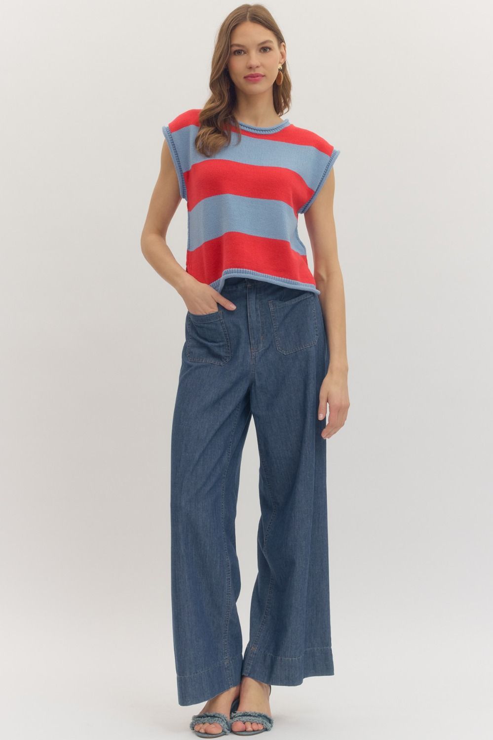 Striped Knit Cap Sleeve Top W/ Contrast Trim - Lush Lemon - Women's Clothing - Entro - 34414381311261