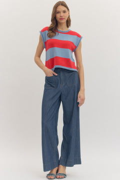 Striped Knit Cap Sleeve Top W/ Contrast Trim - Lush Lemon - Women&