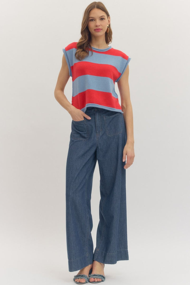 Striped Knit Cap Sleeve Top W/ Contrast Trim - Lush Lemon - Women's Clothing - Entro - 34414381311261