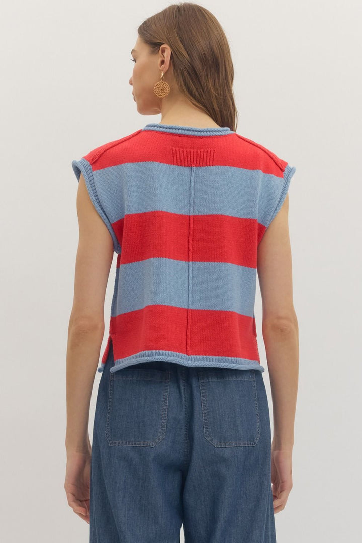 Striped Knit Cap Sleeve Top W/ Contrast Trim - Lush Lemon - Women's Clothing - Entro - 34414381311261