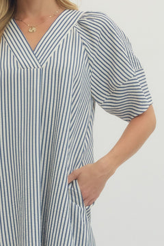 Striped Lantern Sleeve Midi Dress - Lush Lemon - Women&