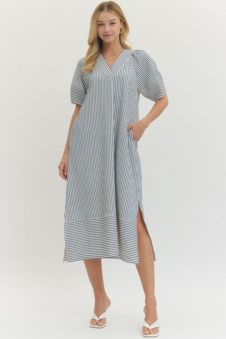 Striped Lantern Sleeve Midi Dress - Lush Lemon - Women's Clothing - Entro - 57329771068413