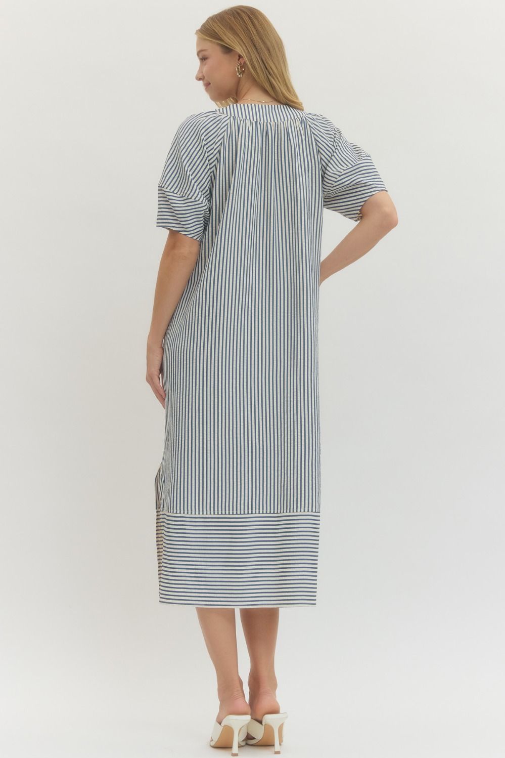 Striped Lantern Sleeve Midi Dress - Lush Lemon - Women's Clothing - Entro - 57329771068413