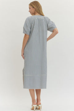 Striped Lantern Sleeve Midi Dress - Lush Lemon - Women&