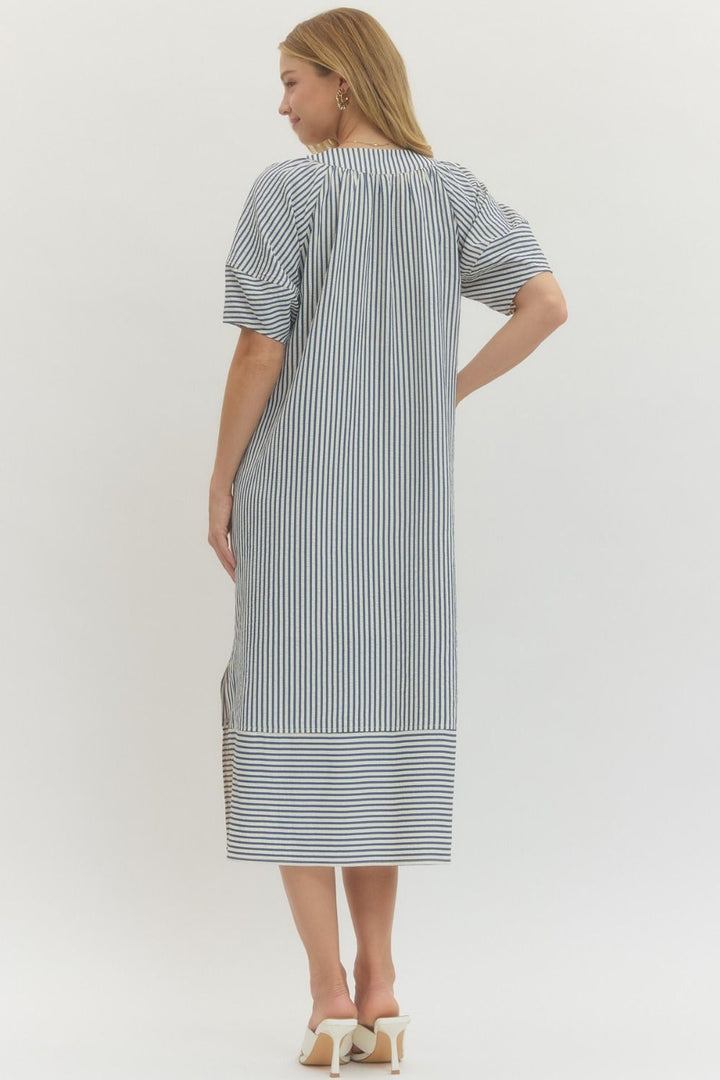 Striped Lantern Sleeve Midi Dress - Lush Lemon - Women's Clothing - Entro - 57329771068413