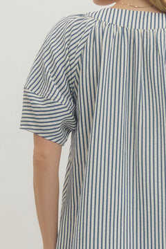 Striped Lantern Sleeve Midi Dress - Lush Lemon - Women&