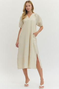 Striped Lantern Sleeve Midi Dress - Lush Lemon - Women&