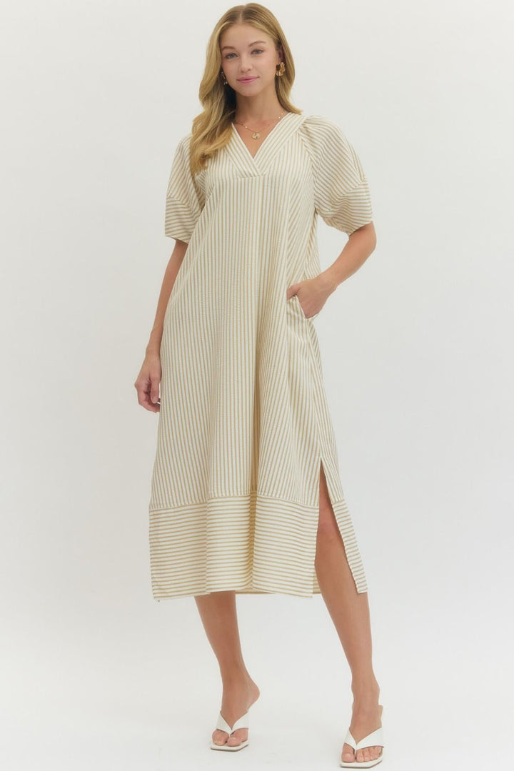 Striped Lantern Sleeve Midi Dress - Lush Lemon - Women's Clothing - Entro - 57329771366717