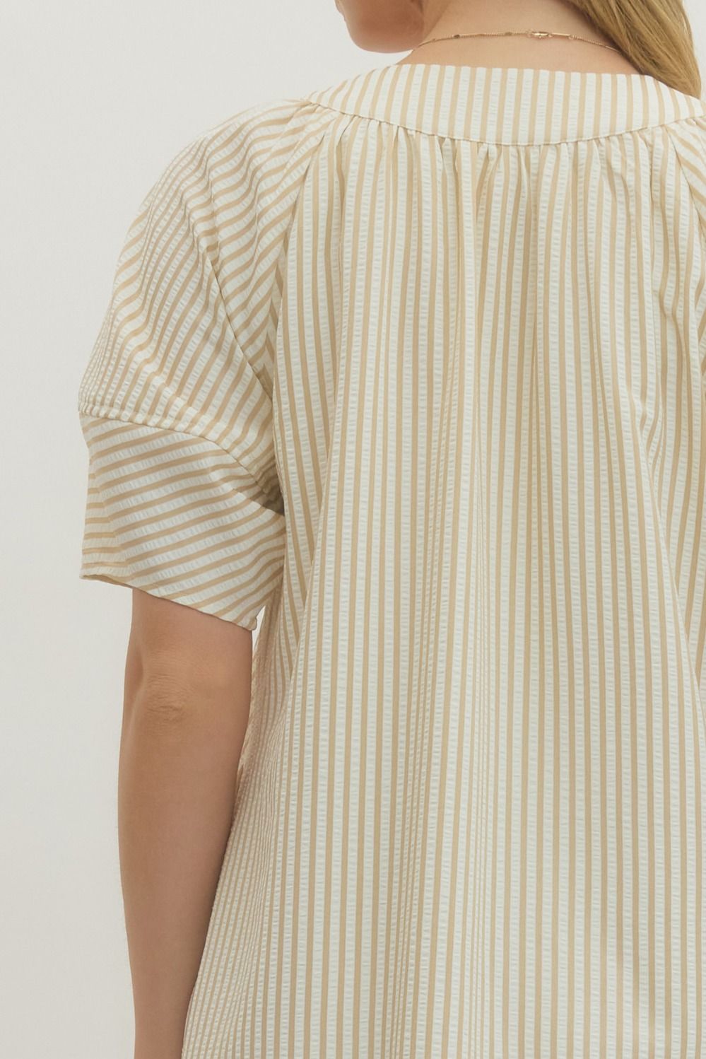 Striped Lantern Sleeve Midi Dress - Lush Lemon - Women's Clothing - Entro - 57329771366717