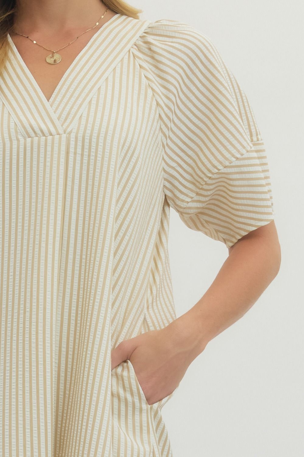 Striped Lantern Sleeve Midi Dress - Lush Lemon - Women's Clothing - Entro - 57329771366717