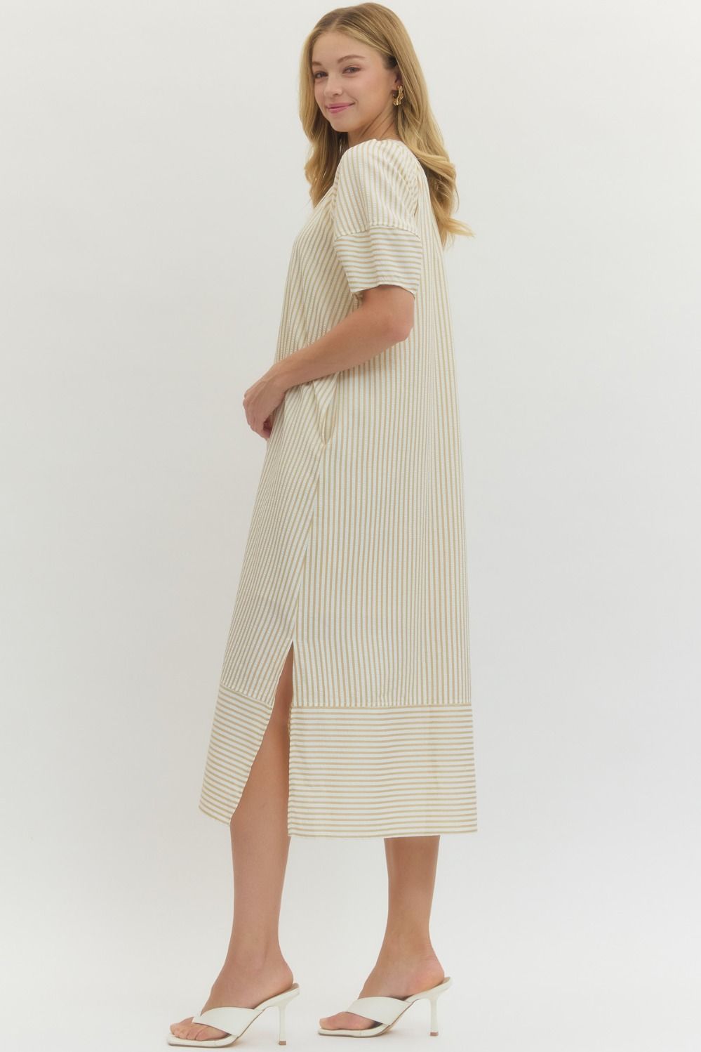Striped Lantern Sleeve Midi Dress - Lush Lemon - Women's Clothing - Entro - 57329771366717