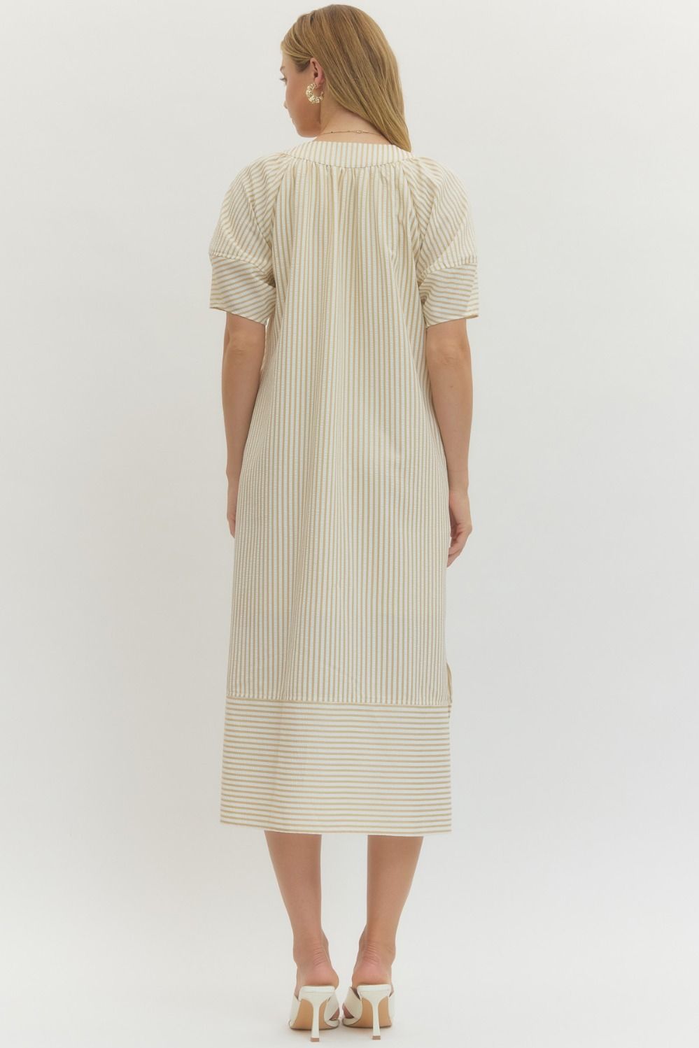 Striped Lantern Sleeve Midi Dress - Lush Lemon - Women's Clothing - Entro - 57329771366717