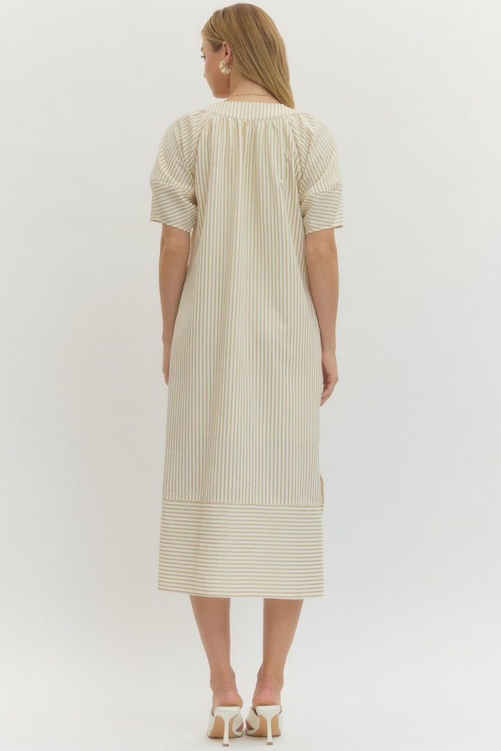 Striped Lantern Sleeve Midi Dress - Lush Lemon - Women's Clothing - Entro - 57329771366717