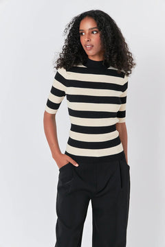 Striped Mock Neck Knit Top - Lush Lemon - Women&