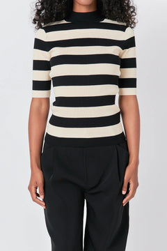 Striped Mock Neck Knit Top - Lush Lemon - Women&