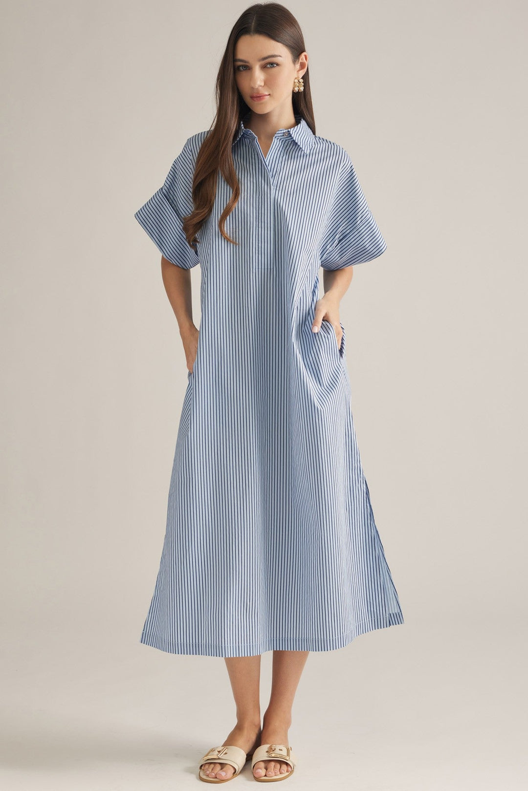 Striped Oversized Shirt Dress - Lush Lemon - Women's Clothing - Entro - 47790761093341