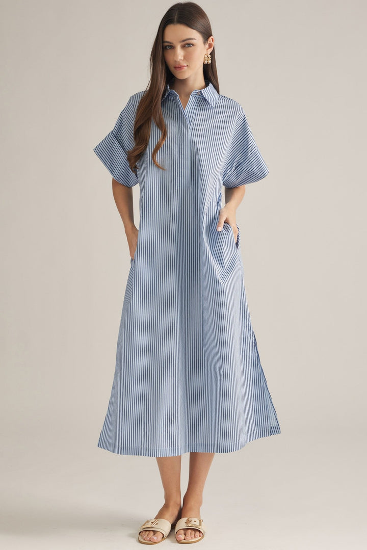 Striped Oversized Shirt Dress - Lush Lemon - Women's Clothing - Entro - 47790761093341