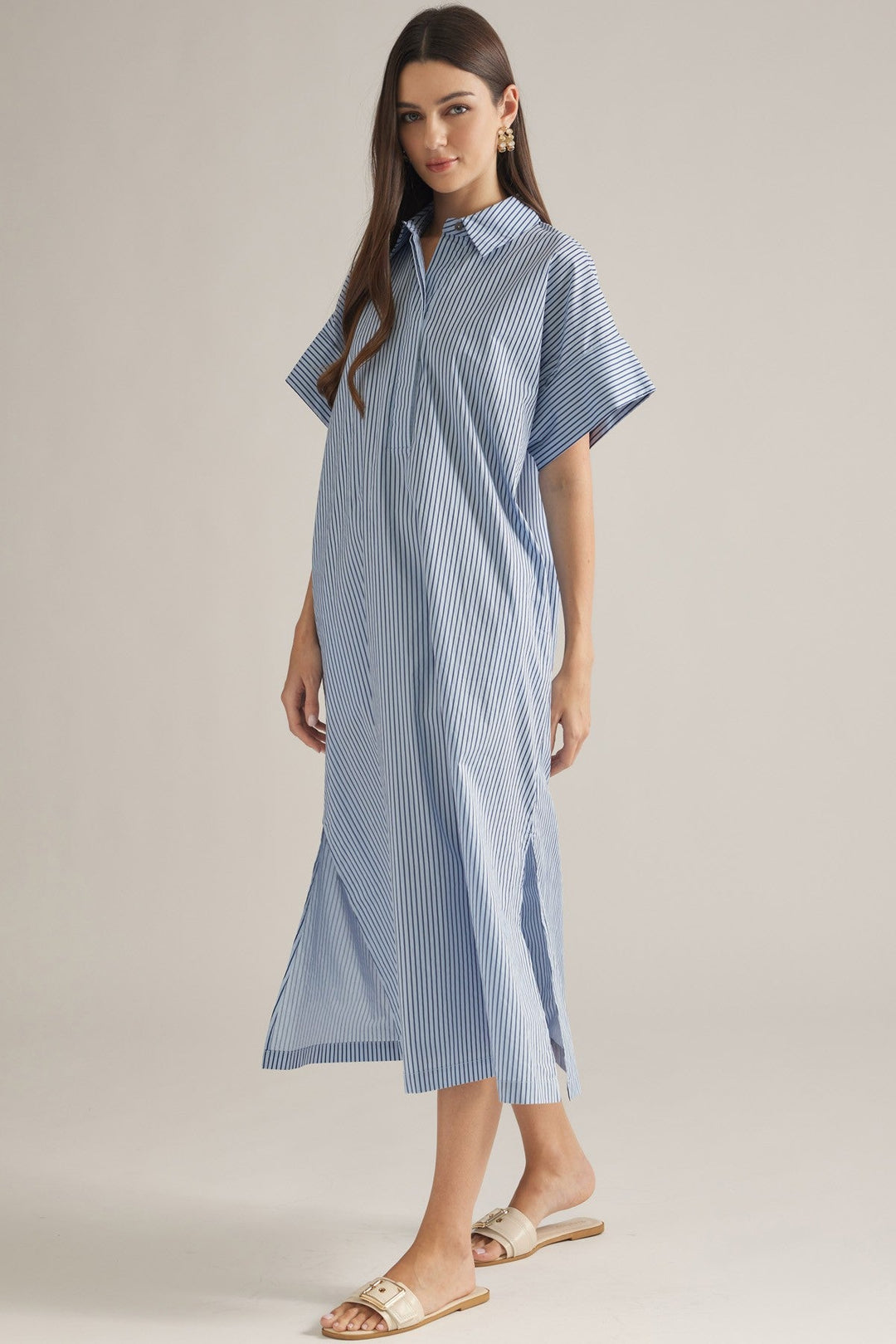 Striped Oversized Shirt Dress - Lush Lemon - Women's Clothing - Entro - 47790761093341