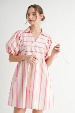 Striped Puff Sleeve Babydoll Dress - Lush Lemon - Women&