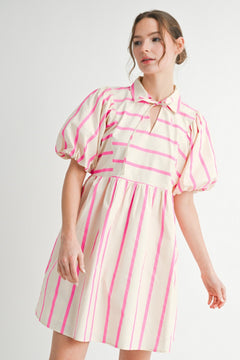 Striped Puff Sleeve Babydoll Dress - Lush Lemon - Women&