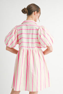 Striped Puff Sleeve Babydoll Dress - Lush Lemon - Women&