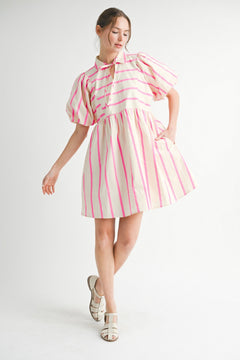 Striped Puff Sleeve Babydoll Dress - Lush Lemon - Women&
