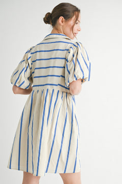 Striped Puff Sleeve Babydoll Dress - Lush Lemon - Women&