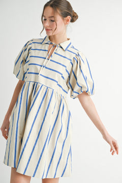 Striped Puff Sleeve Babydoll Dress - Lush Lemon - Women&