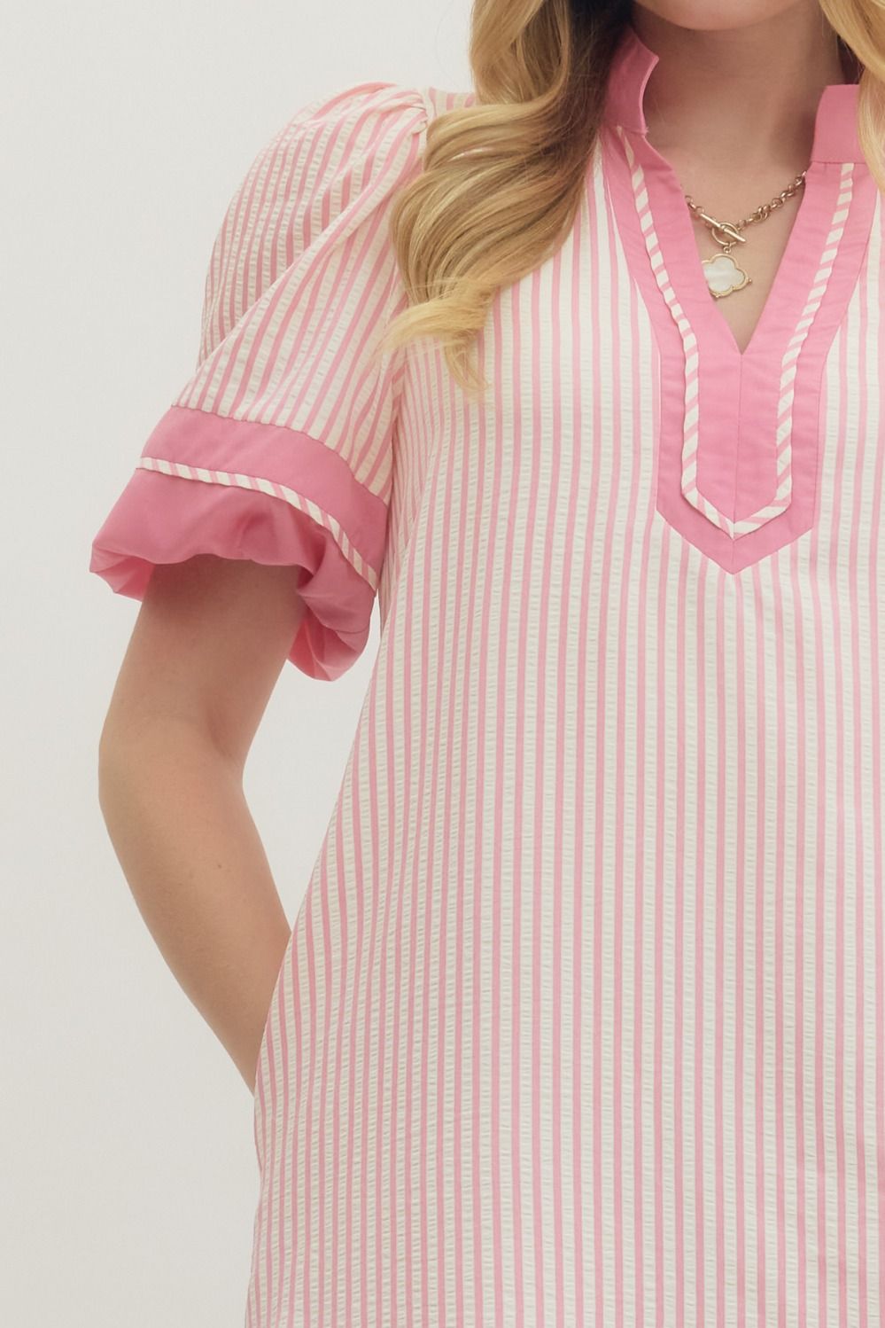 Striped Puff Sleeve Mini Dress - Lush Lemon - Women's Clothing - Entro - 70474941040829