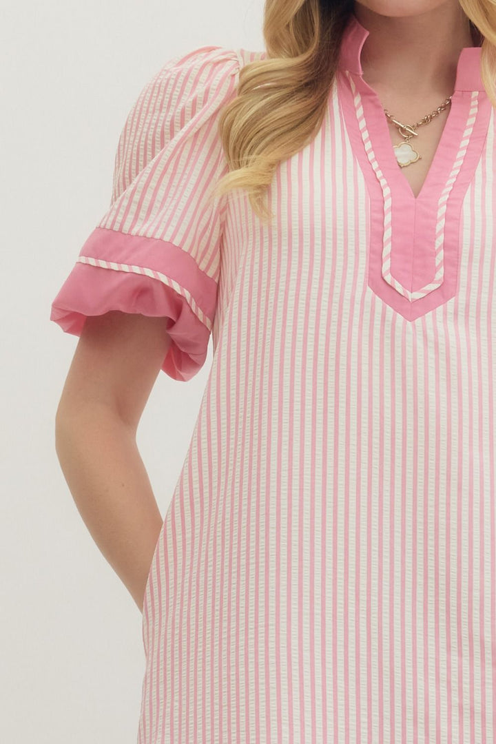 Striped Puff Sleeve Mini Dress - Lush Lemon - Women's Clothing - Entro - 70474941040829