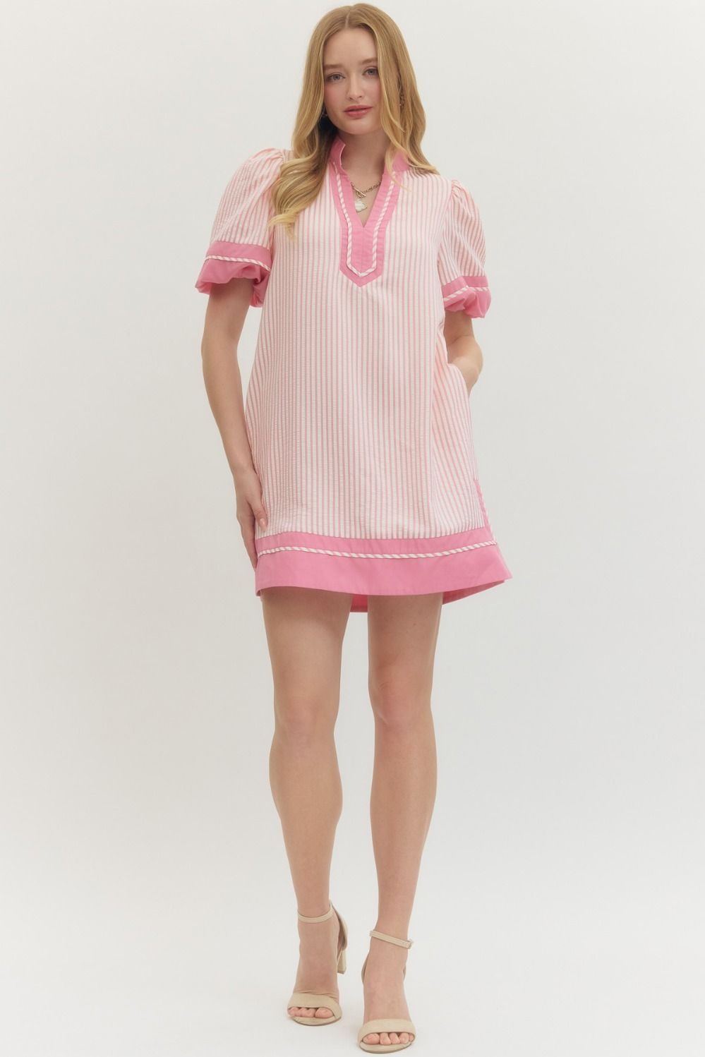 Striped Puff Sleeve Mini Dress - Lush Lemon - Women's Clothing - Entro - 70474941040829