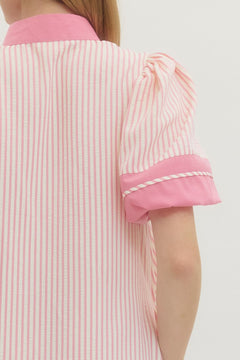 Striped Puff Sleeve Mini Dress - Lush Lemon - Women&