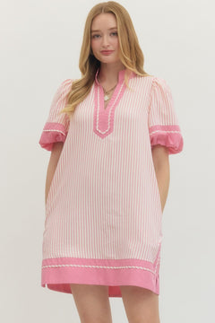 Striped Puff Sleeve Mini Dress - Lush Lemon - Women&