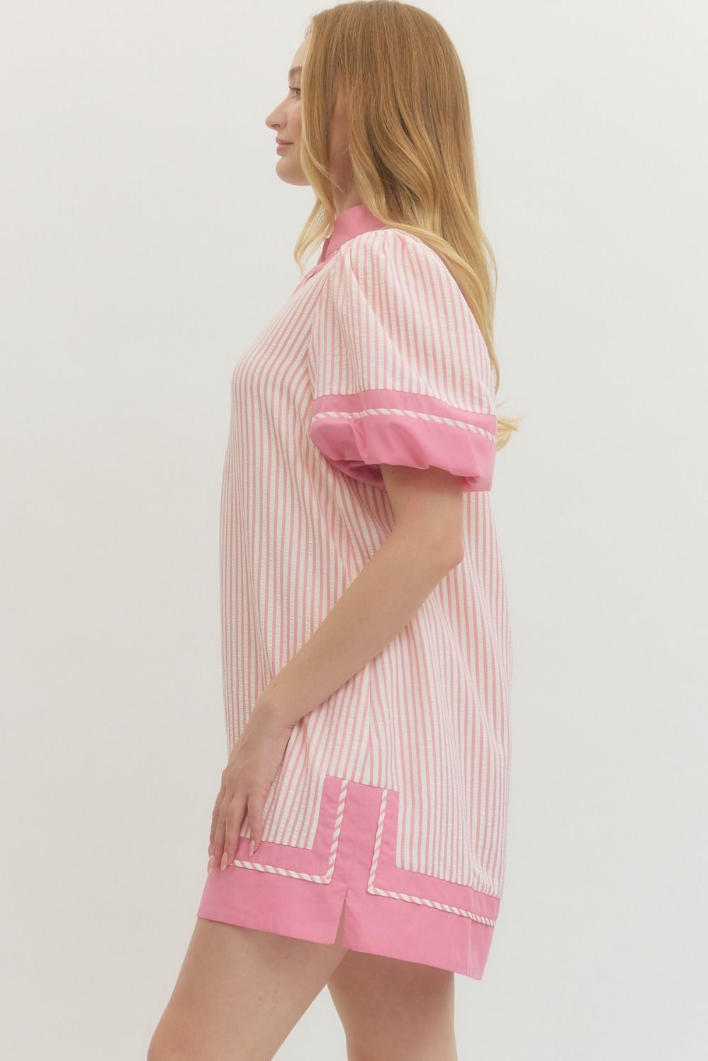 Striped Puff Sleeve Mini Dress - Lush Lemon - Women's Clothing - Entro - 70474941040829