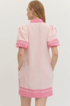Striped Puff Sleeve Mini Dress - Lush Lemon - Women&