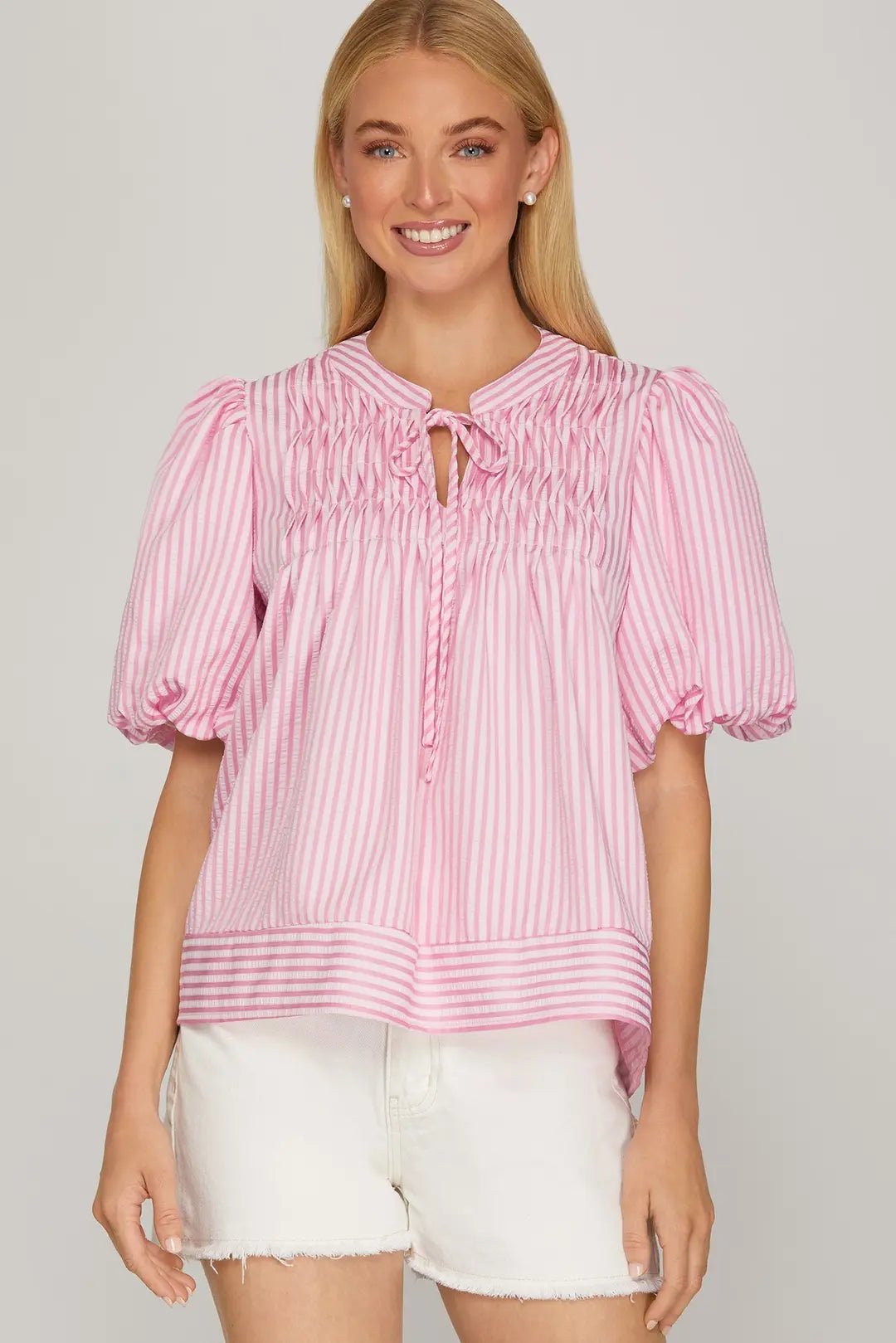 Striped Puff Sleeve Top - Lush Lemon - Women's Clothing - She + Sky - 34840571091517